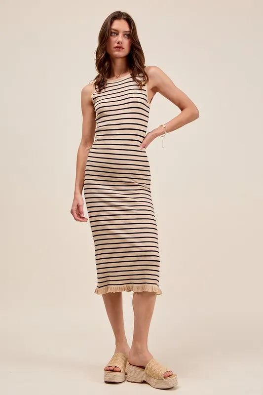 Image of SO ME Stripe Sleeveless Sweater Knit Maxi Dress With Ruffled Hem | Queeble.shop