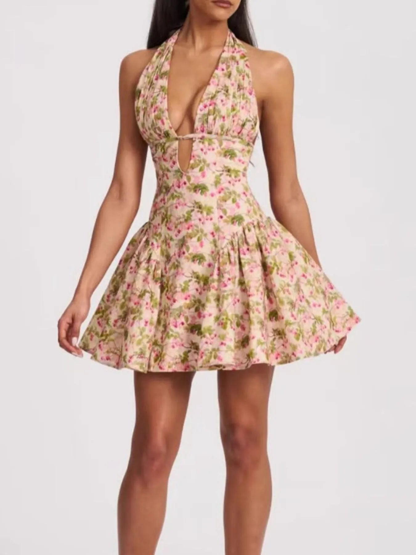 Image of Floral Halter Neck Mini Dress | Queeble.shop