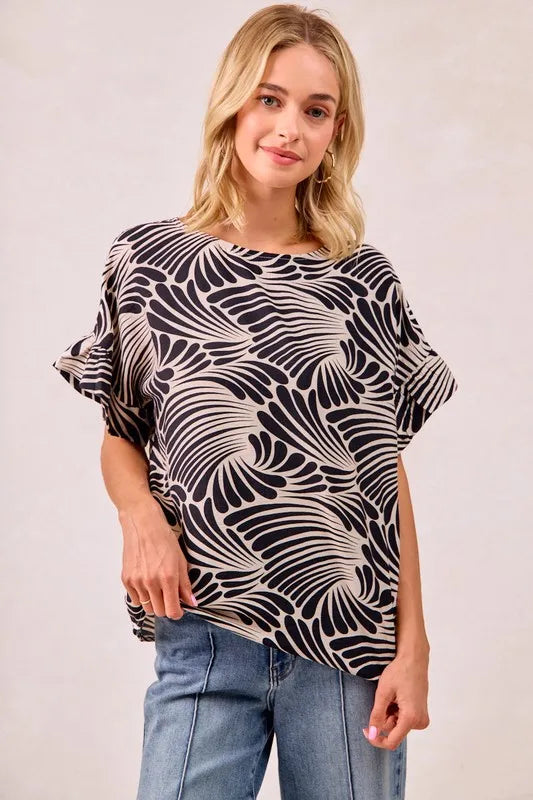 Image of BiBi Print Woven Ruffled Sleeves Top | Queeble.shop
