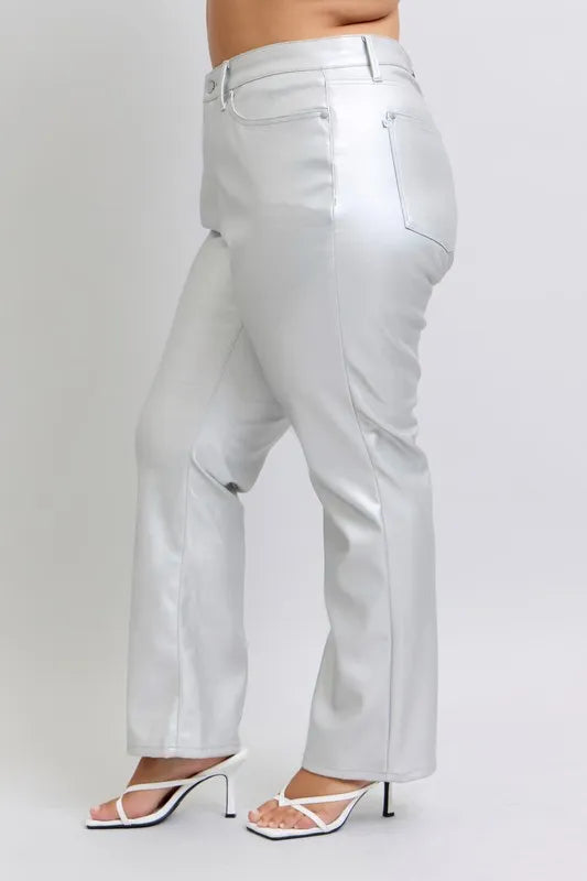 Image of Judy Blue Full Size High Waist Silver Faux Leather Pants Plus Size | Queeble.shop