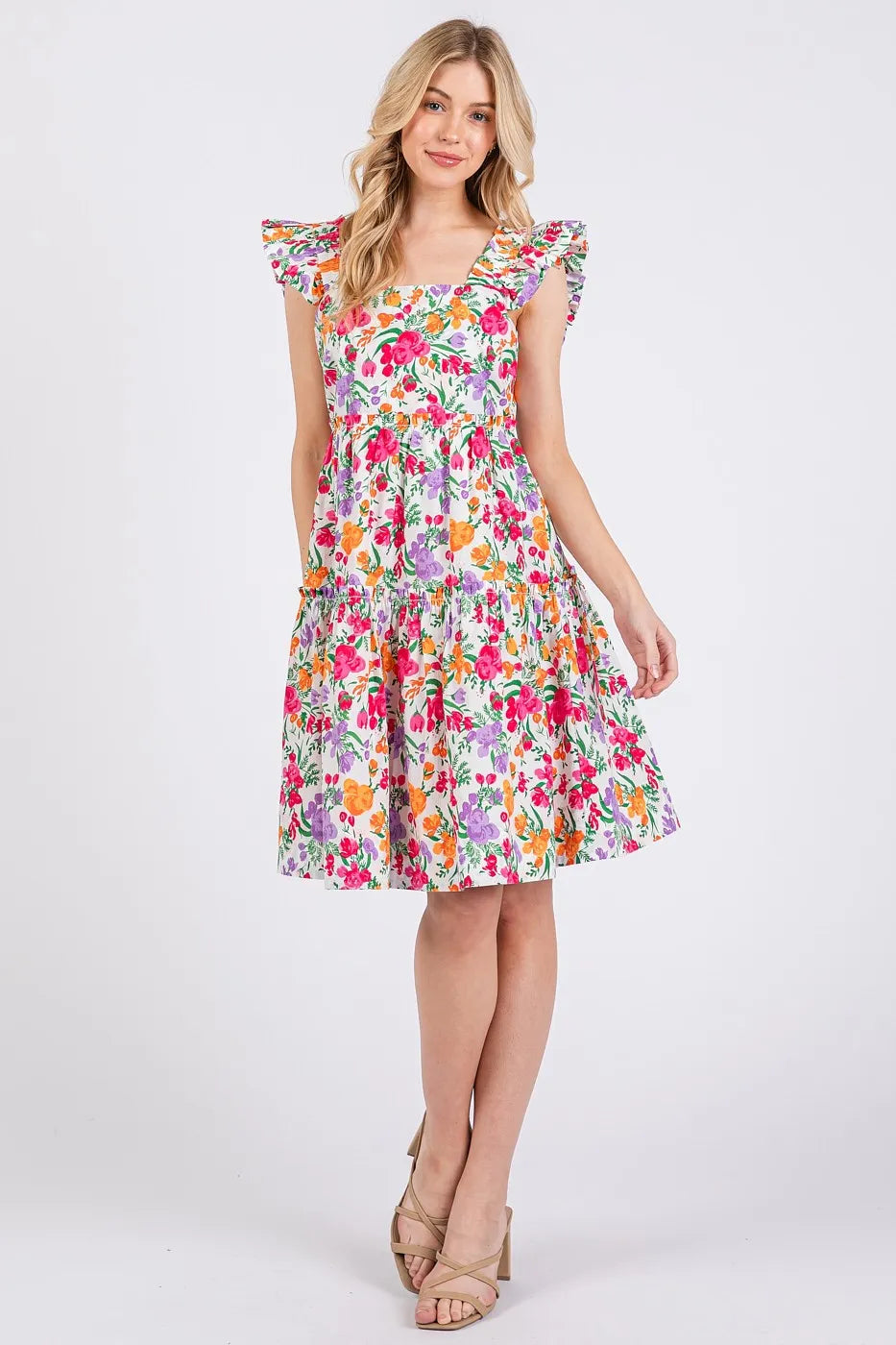 Image of Mittoshop Flower Print Ruffle Shoulder A-line Mini Dress | Queeble.shop