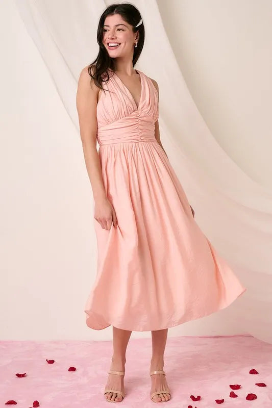 Image of Mittoshop Ruched V-Neck Sleeveless Midi Dress | Queeble.shop