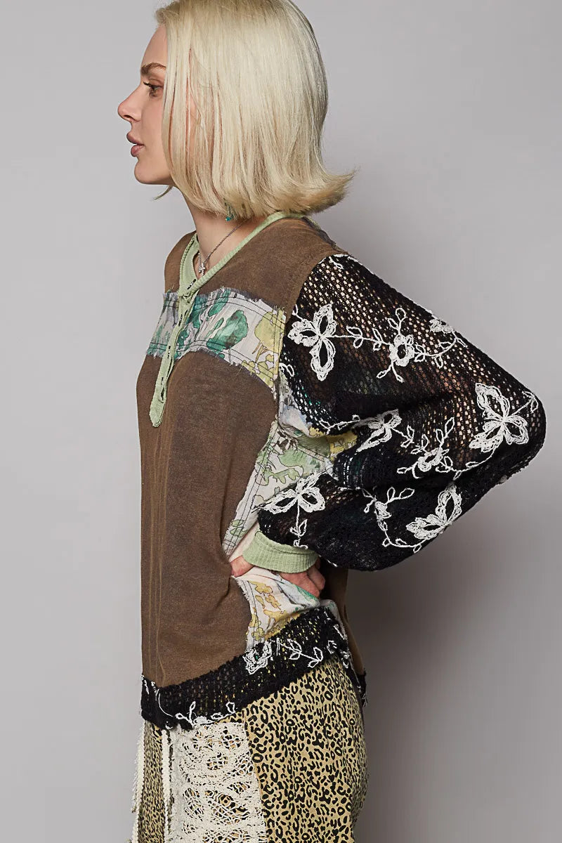 Image of POL Button Detail Floral Patchwork Crochet Sleeve Blouse | Queeble.shop