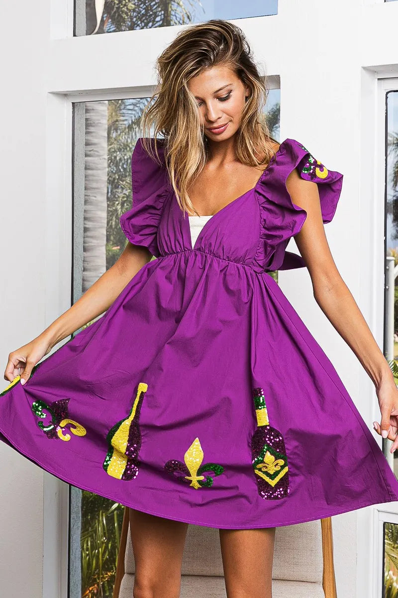 Image of BiBi Mardi Gras Sequin Embroidery Ruffled Dress | Queeble.shop