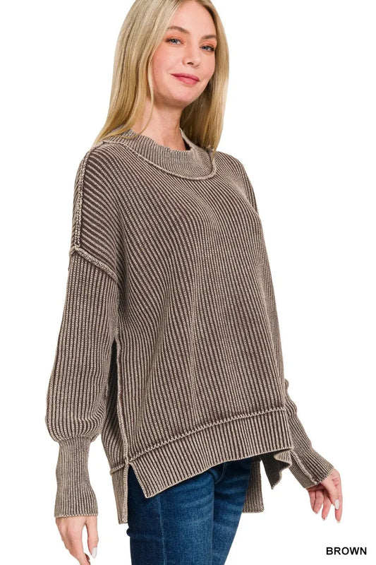 Image of Zenana Washed Side Slit Oversized Sweater | Queeble.shop