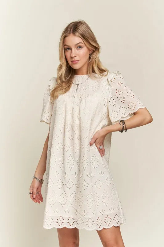 Image of ADORA Ruffled Eyelet Round Neck Dress | Queeble.shop