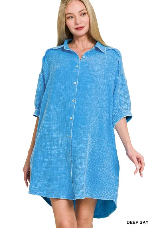 Image of Zenana Washed Double Gauze Button Down Shirt Dress | Queeble.shop