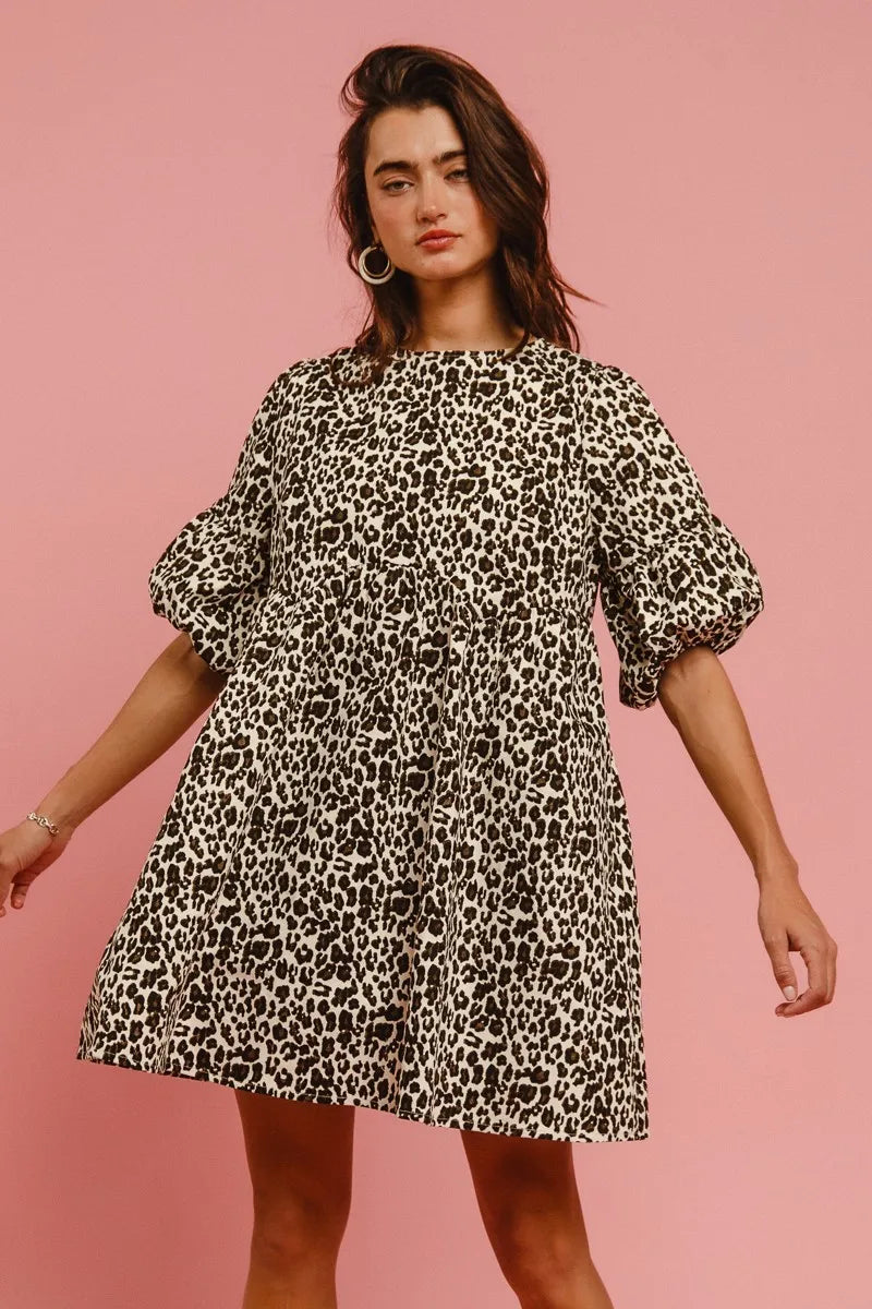 Image of BiBi Leopard Denim Dress With Back Contrast Tie Detail | Queeble.shop