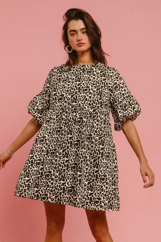 Image of BiBi Leopard Denim Dress With Back Contrast Tie Detail | Queeble.shop