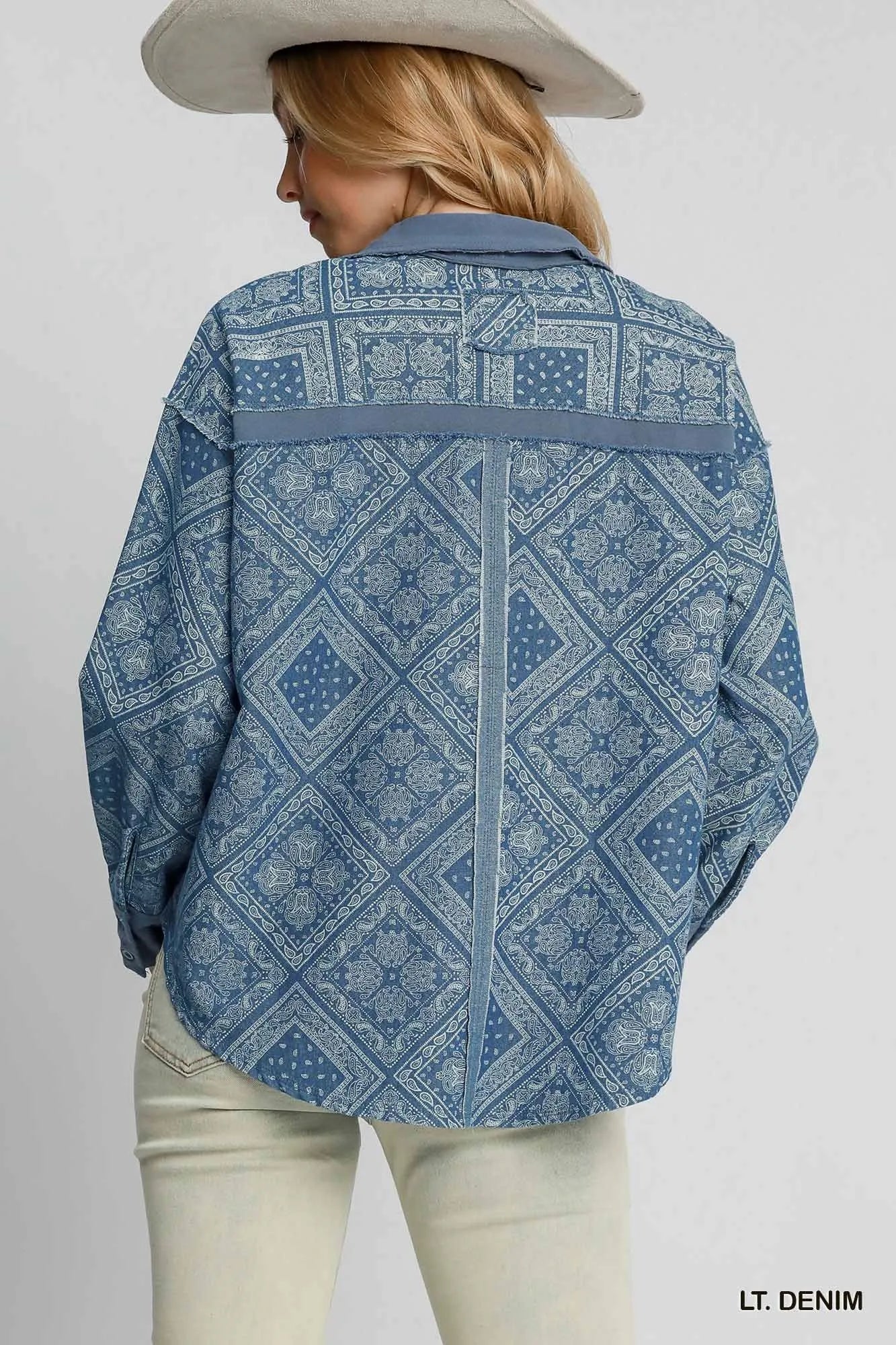 Image of Umgee Paisley Print Denim Shirt Jacket | Queeble.shop