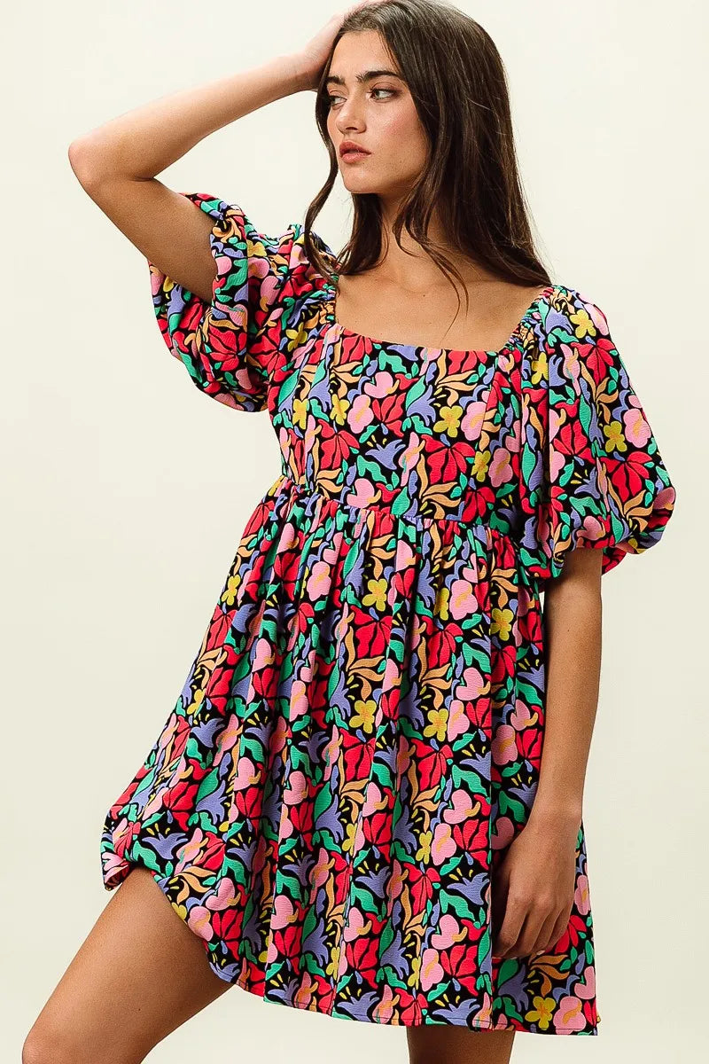 Image of BiBi Floral Print Puff Square Neck Dress | Queeble.shop
