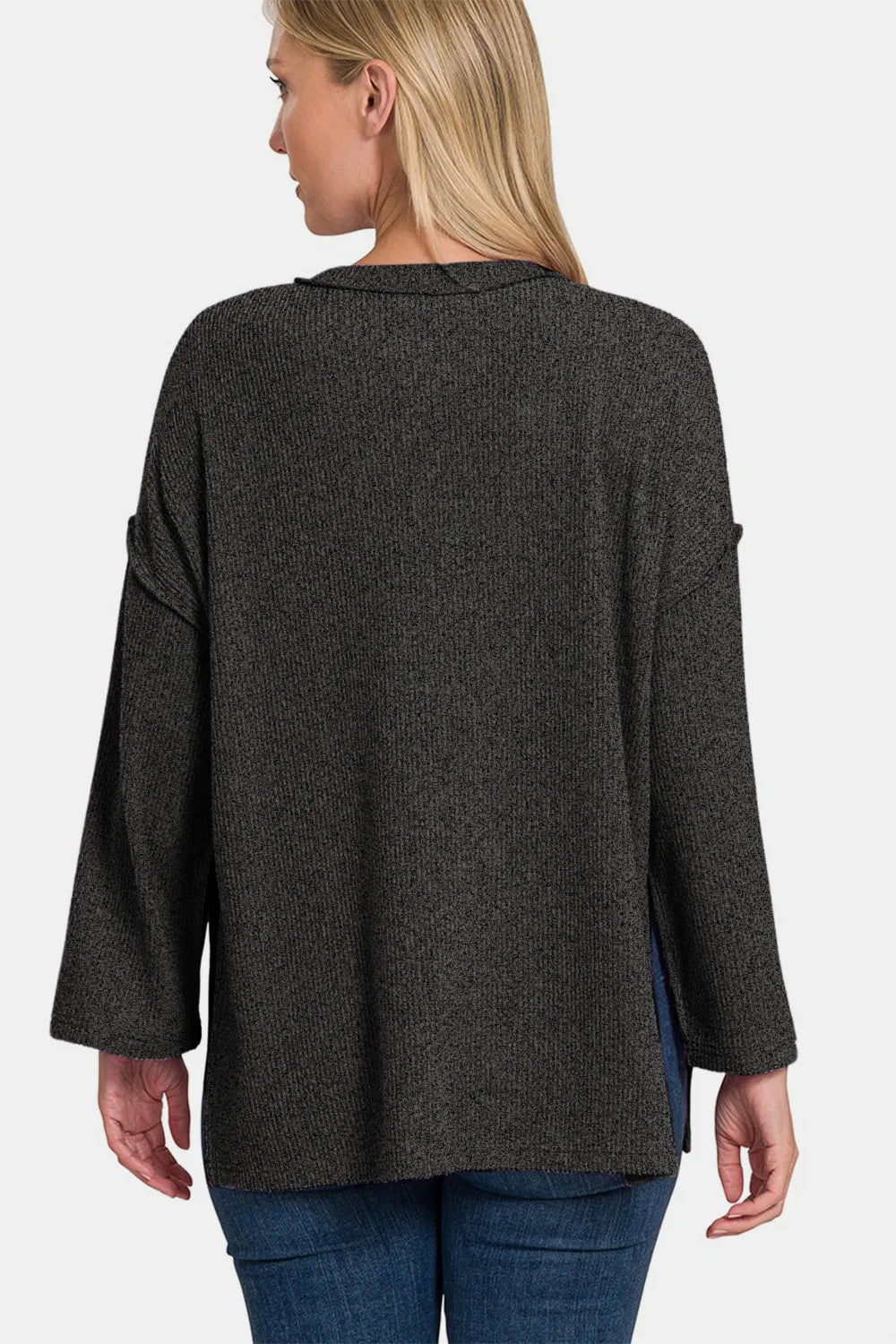 Image of Zenana Full Size Ribbed Half Button Slit Knit Top | Queeble.shop
