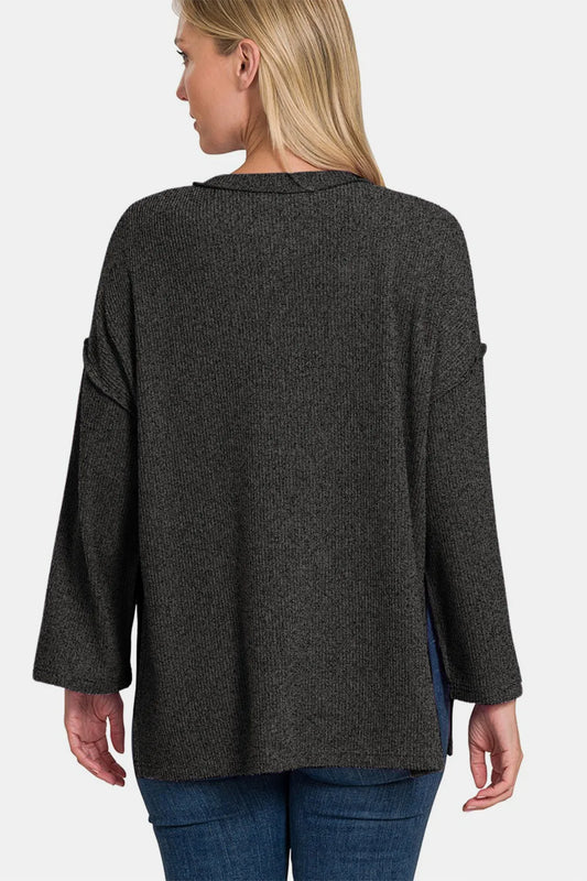 Image of Zenana Full Size Ribbed Half Button Slit Knit Top | Queeble.shop