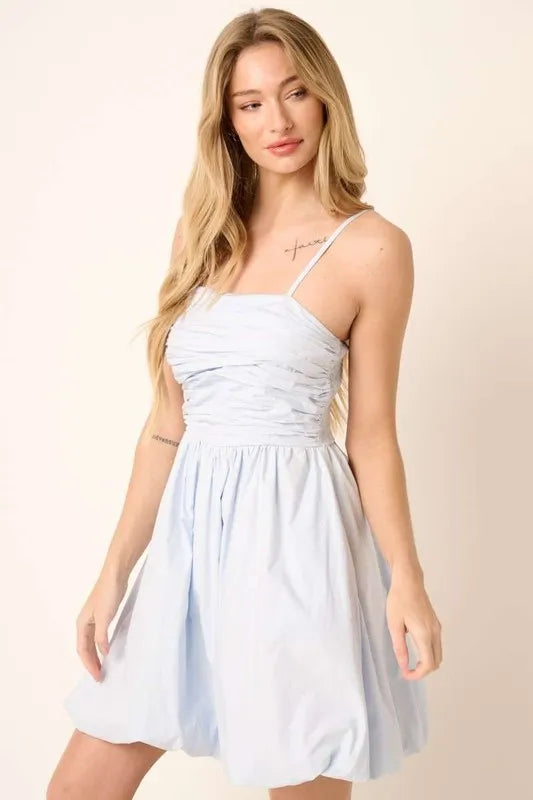 Image of Mittoshop Ruched Detail Bubble Hem Mini Dress | Queeble.shop
