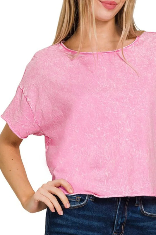 Image of Zenana Washed Crew Neck Short Sleeve Crop Box Tee | Queeble.shop