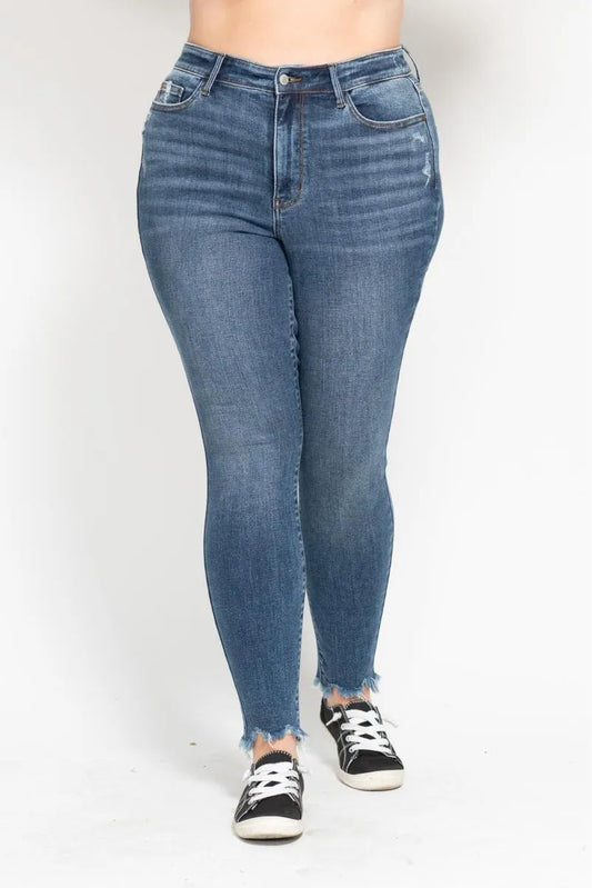 Image of Judy Blue Plus Size High Waist Skinny with Destroy & Shark Bit Hem | Queeble.shop