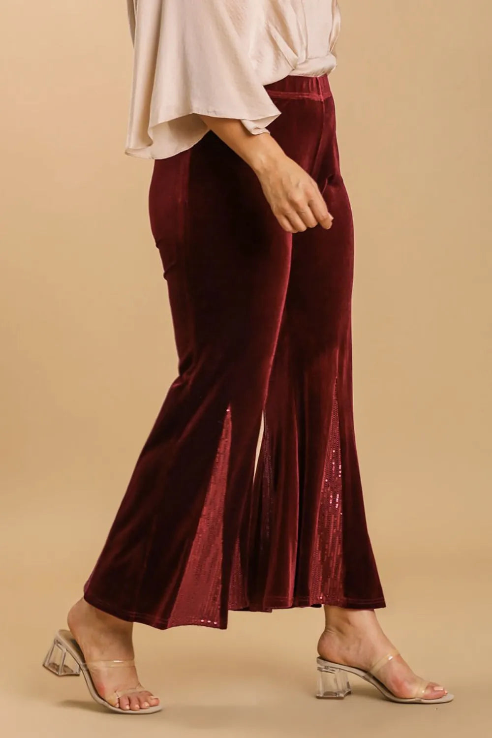 Image of Umgee Full Size Sequin Elastic Waist Velvet Stretch Flare Leg Pants Plus Size | Queeble.shop