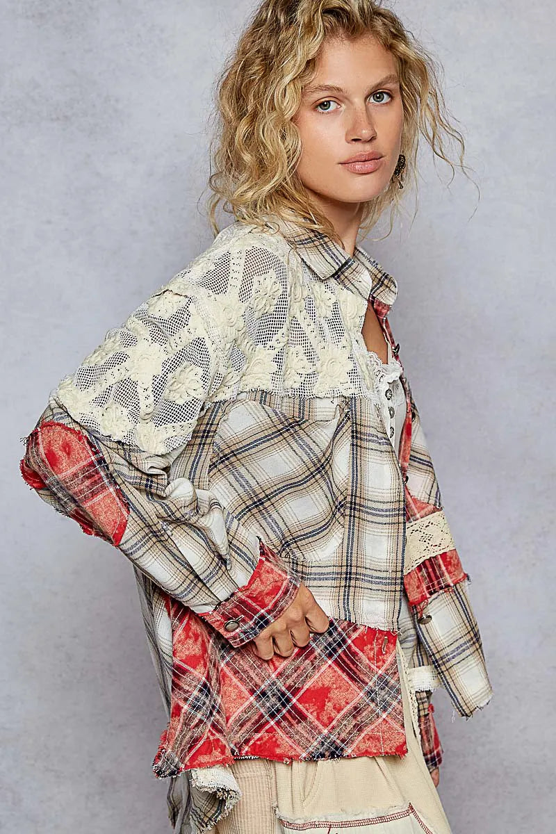 Image of POL Lace Patchwork Plaid Oversized Shirt | Queeble.shop