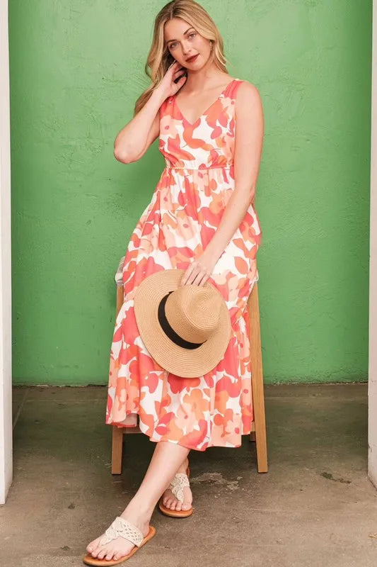 Image of Lime 'N' Chili Sleeveless Floral Print V-Neck Midi Dress | Queeble.shop