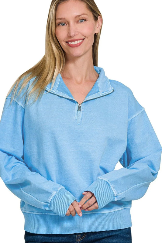 Image of Zenana F/terry Pigment Dye & Enzyme Washing Half Zip Top | Queeble.shop