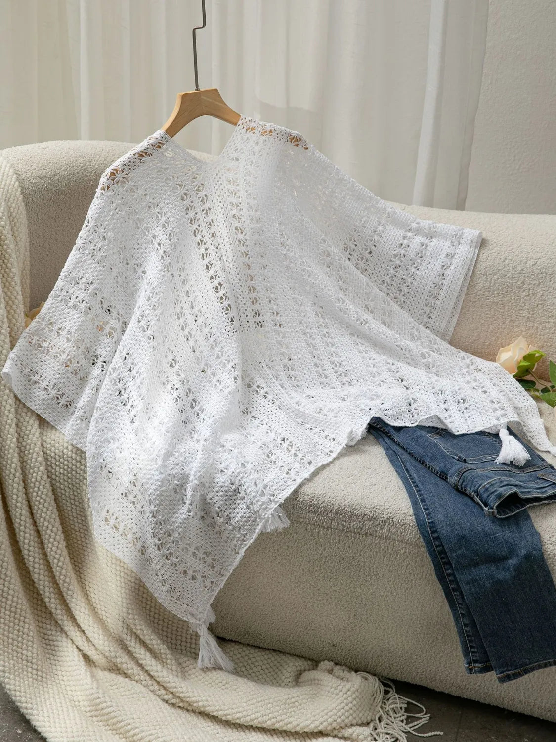 Image of Openwork Tassel Open Front Knit Cover Up | Queeble.shop