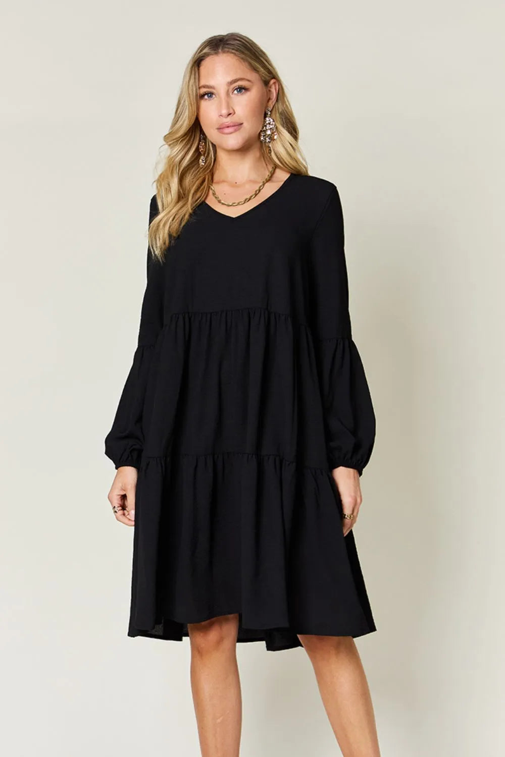 Image of Double Take Full Size V-Neck Balloon Sleeve Tiered Dress with Pockets | Queeble.shop