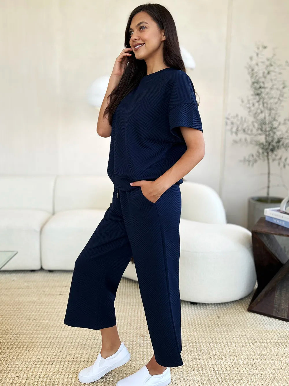 Image of Double Take Full Size Texture Short Sleeve Top and Pants Set | Queeble.shop