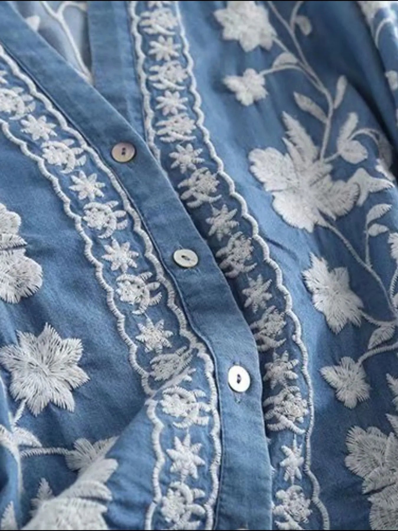 Image of Floral Embroidered Button Up Denim Shirt | Queeble.shop