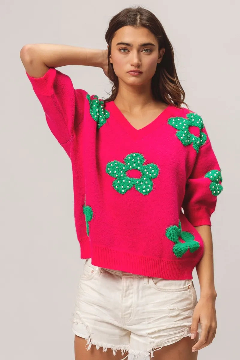 Image of BiBi Pearl Beads Flowers Sweater Top | Queeble.shop