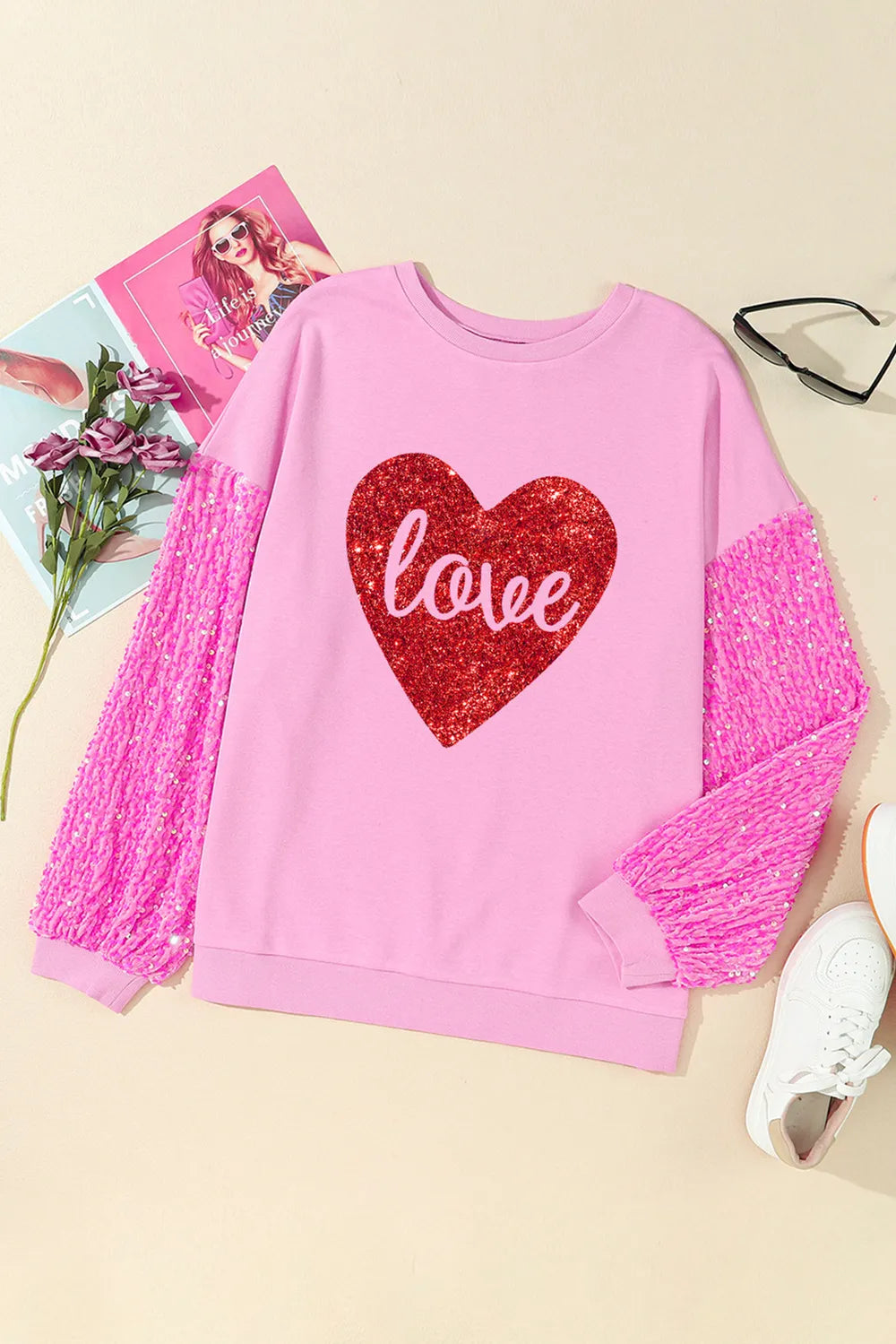 Image of LOVE Heart Sequin Dropped Shoulder Sweatshirt | Queeble.shop