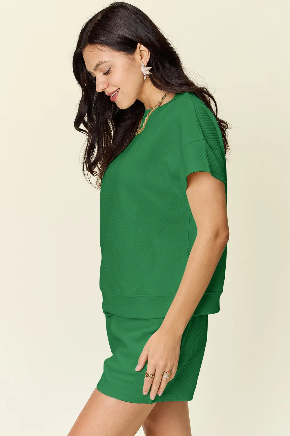 Image of Double Take Full Size Texture Short Sleeve T-Shirt and Drawstring Shorts Set | Queeble.shop