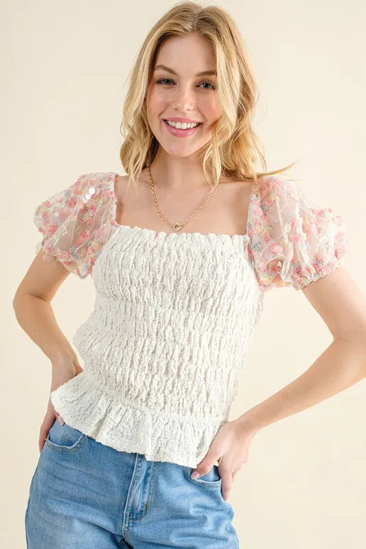 Image of And The Why Embellishment Sleeve Smocked Top | Queeble.shop