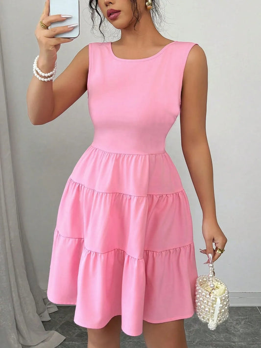 Image of Round Neck Sleeveless Tiered Dress | Queeble.shop