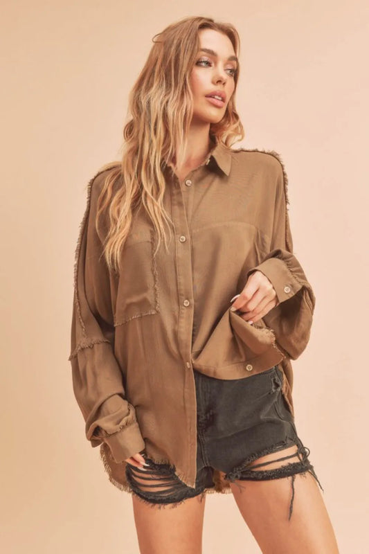 Image of Aemi + Co Raw Edge Exposed Seam Collared Neck Long Sleeve Shirt | Queeble.shop