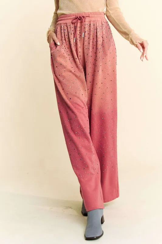 Image of Davi & Dani Rhinestone Drawstring Wide Leg Pants | Queeble.shop