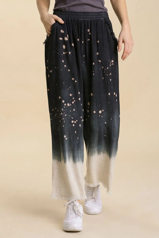 Image of Umgee Full Size Raw Hem Linen Blend Bleach Dip Dye Wide Leg Pants Plus Size | Queeble.shop