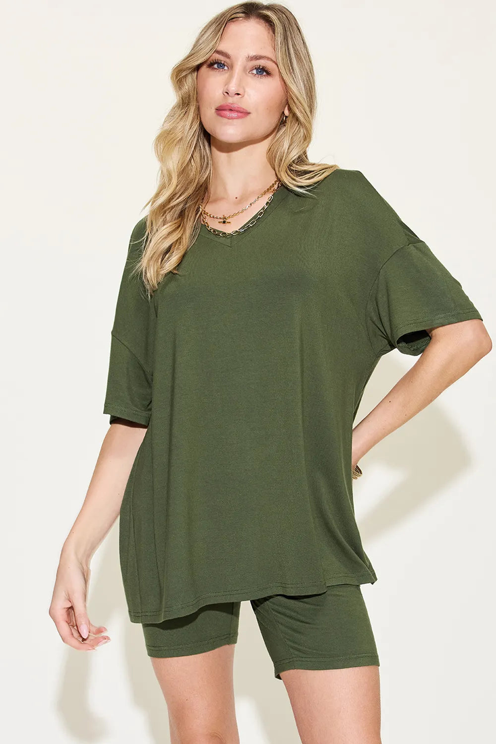 Image of Basic Bae Full Size V-Neck Drop Shoulder T-Shirt and Shorts Set | Queeble.shop