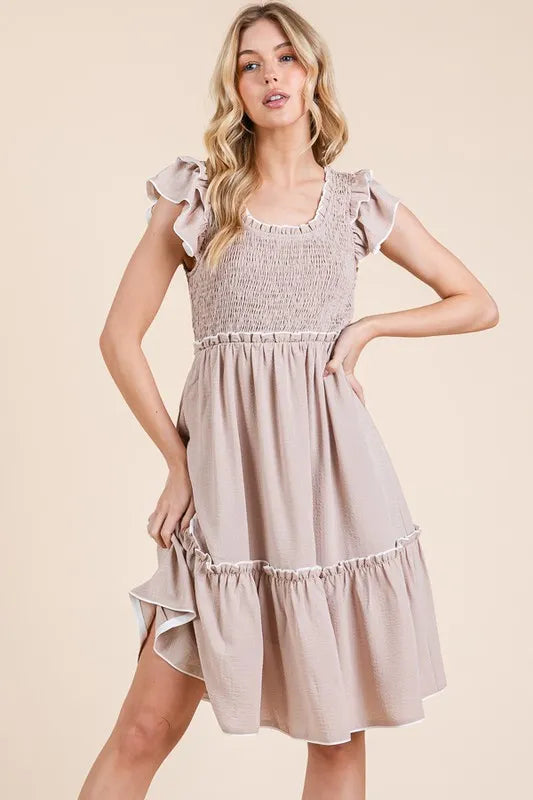 Image of Lime 'N' Chili Ruffle Trim Smocked Dress with Contrast | Queeble.shop