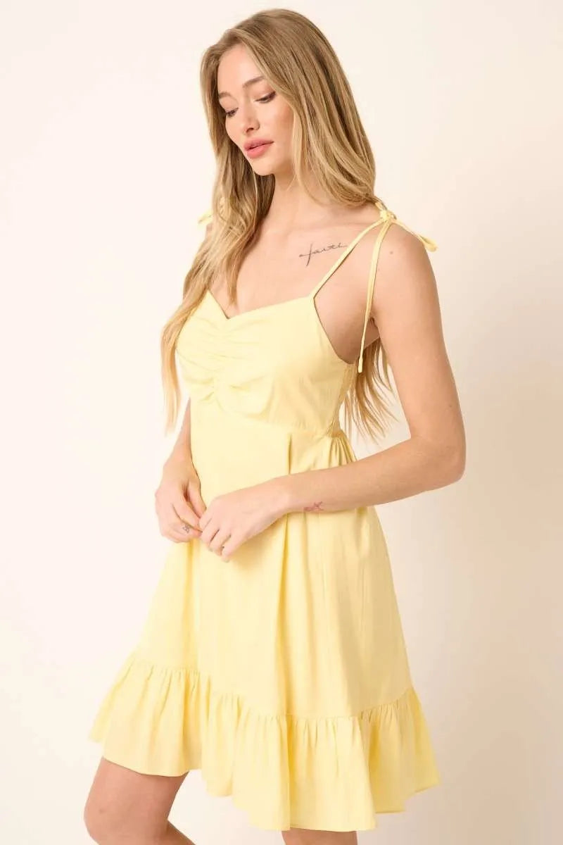 Image of Mittoshop Ruched Detail Spaghetti Tie Mini Dress | Queeble.shop