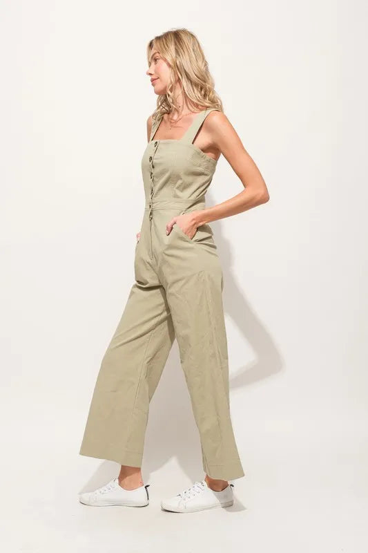 Image of And The Why Square Neck Button Down Cropped Wide Leg Jumpsuit | Queeble.shop