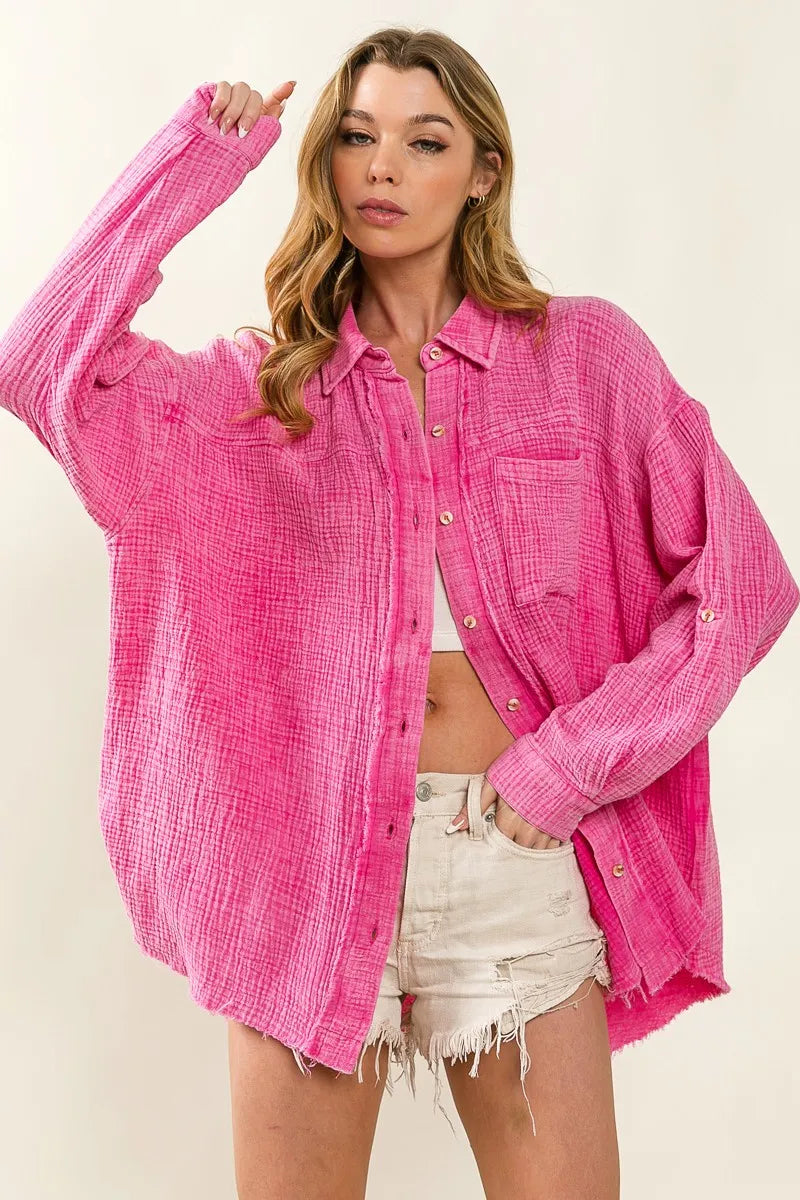 Image of BiBi Raw Edge Detailed Mineral Washed Loose Fit Shirt | Queeble.shop