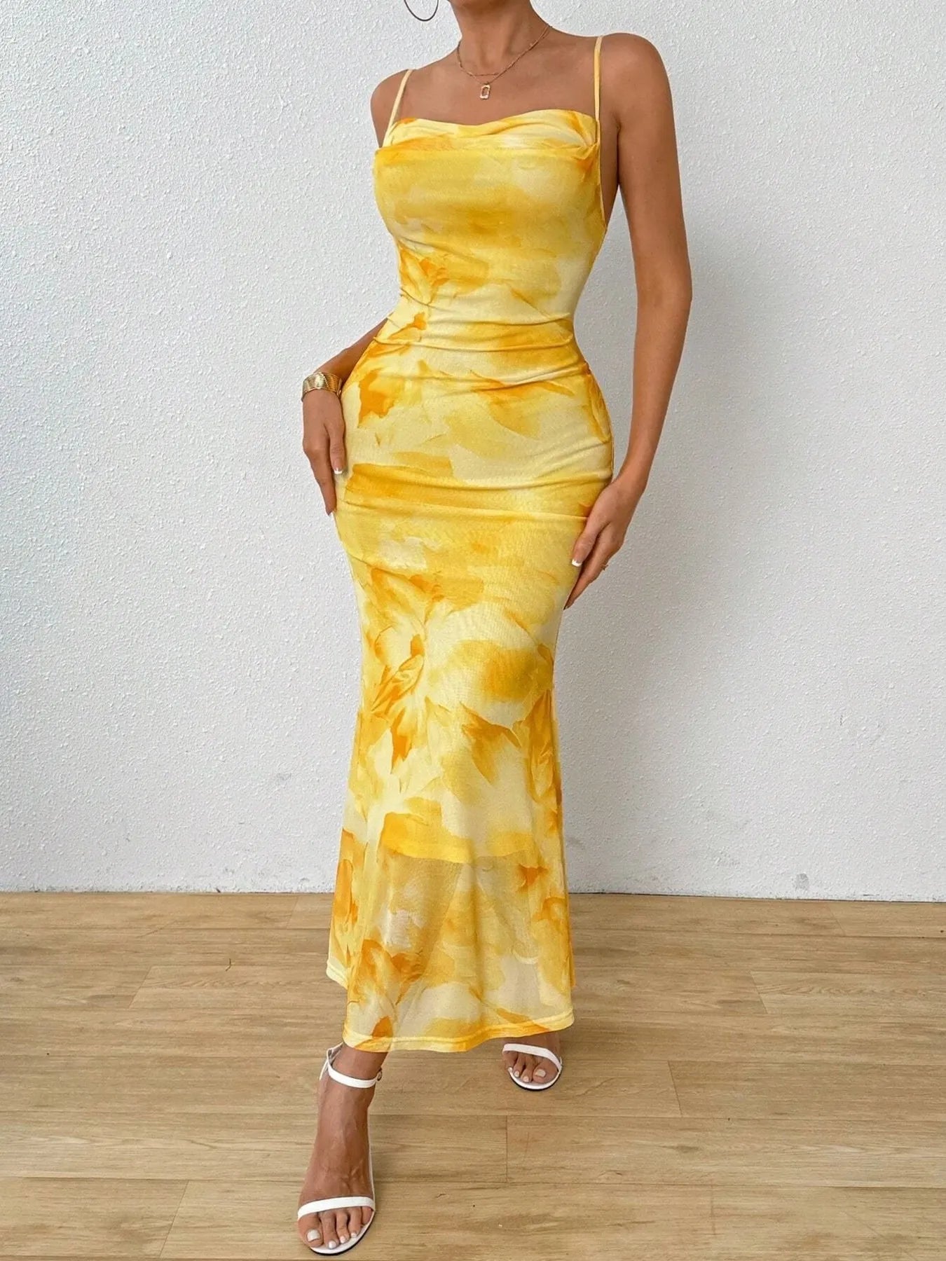 Image of Tie-Dye Ruched Bodycon Mesh Cami Maxi Dress | Queeble.shop