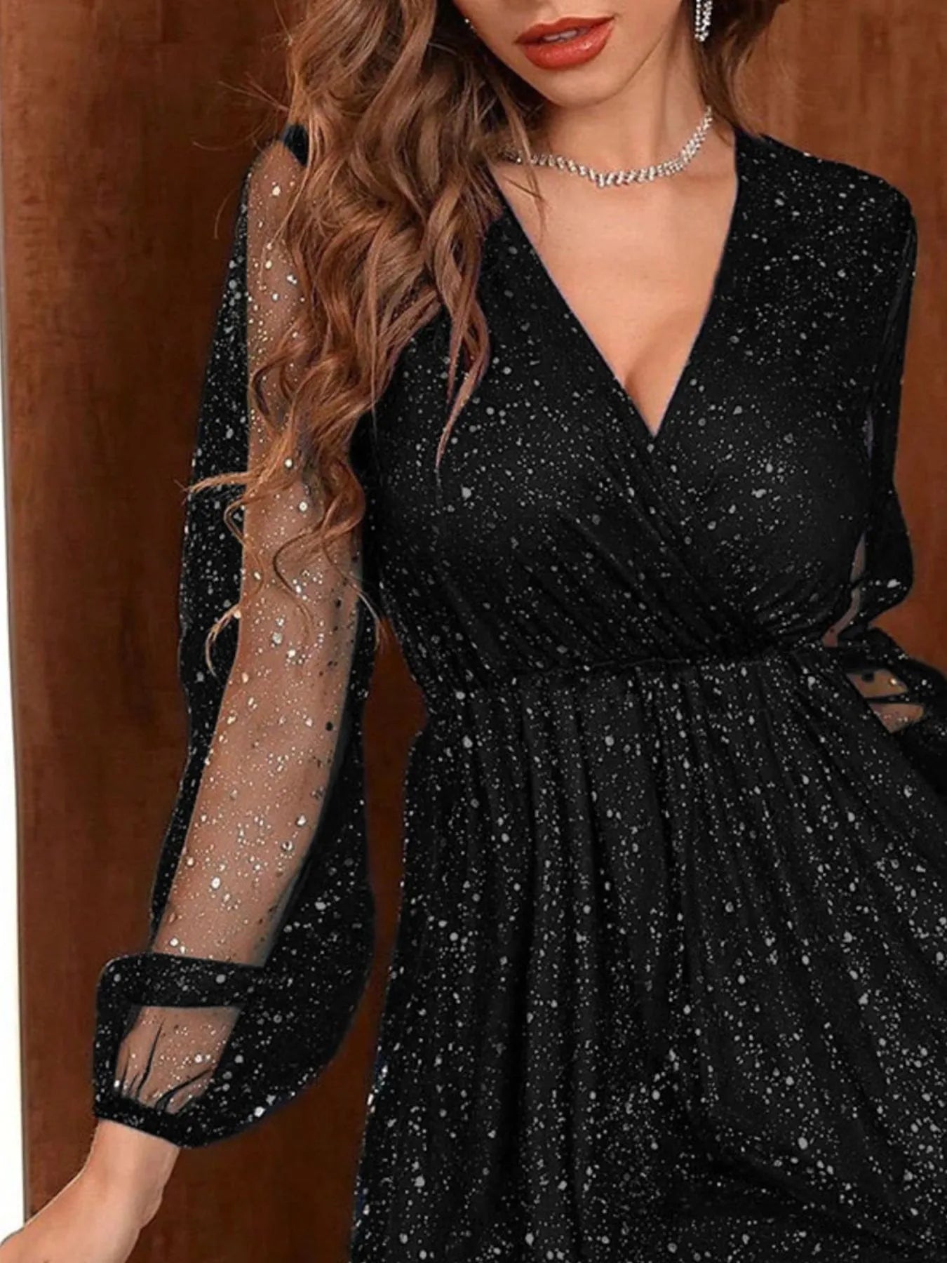 Image of Sparkling Surplice Balloon Sleeve Mini Dress | Queeble.shop