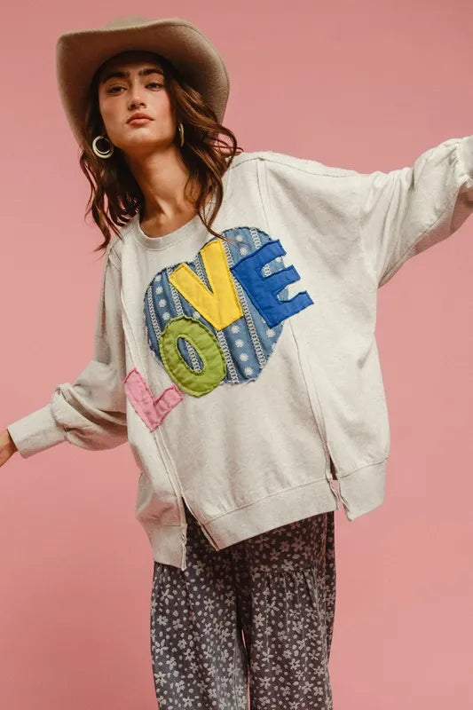 Image of BiBi LOVE Heart Patch Slit French Terry Sweatshirt | Queeble.shop