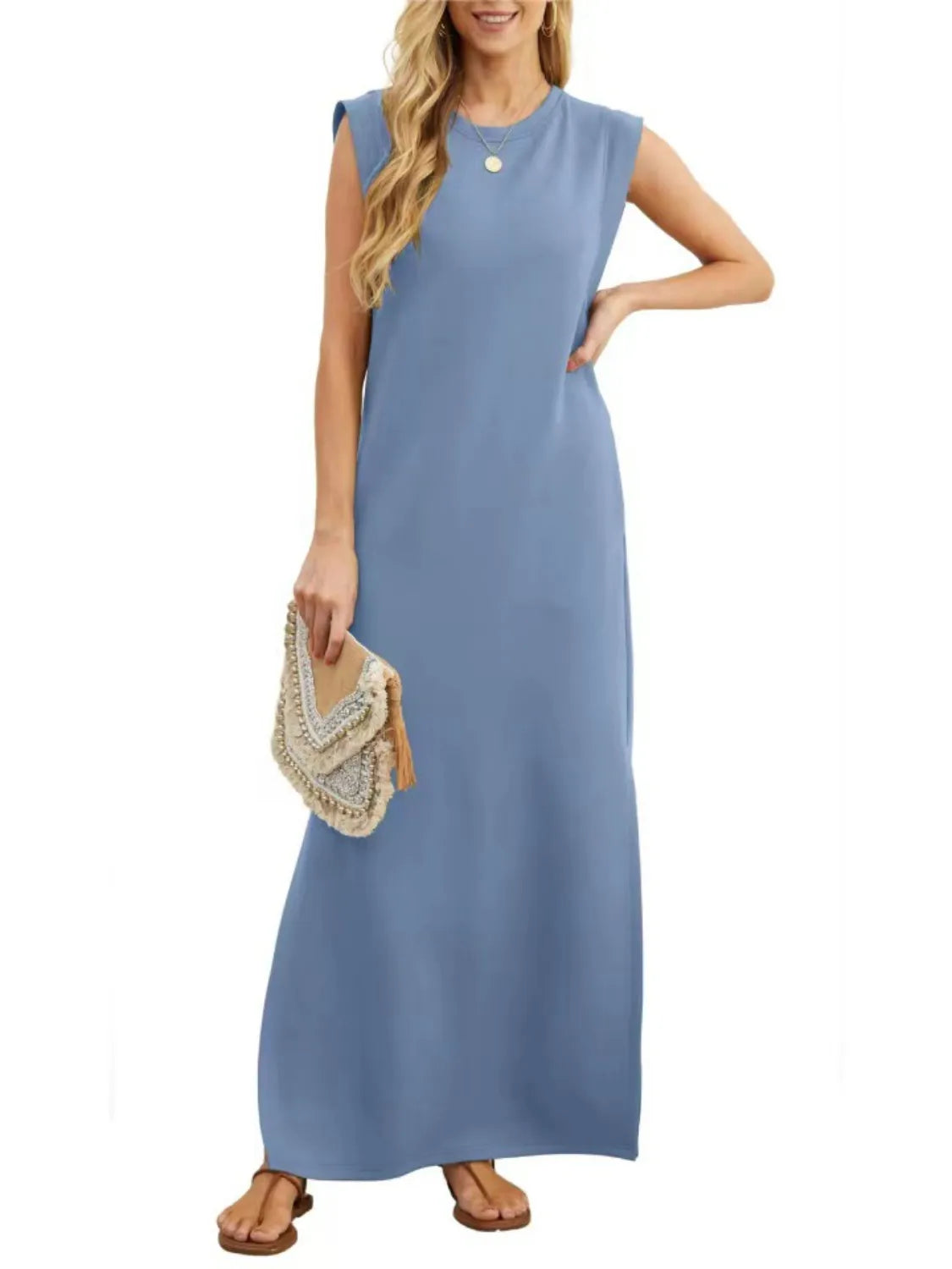 Image of Full Size Slit Round Neck Sleeveless Maxi Tank Dress Plus Size | Queeble.shop