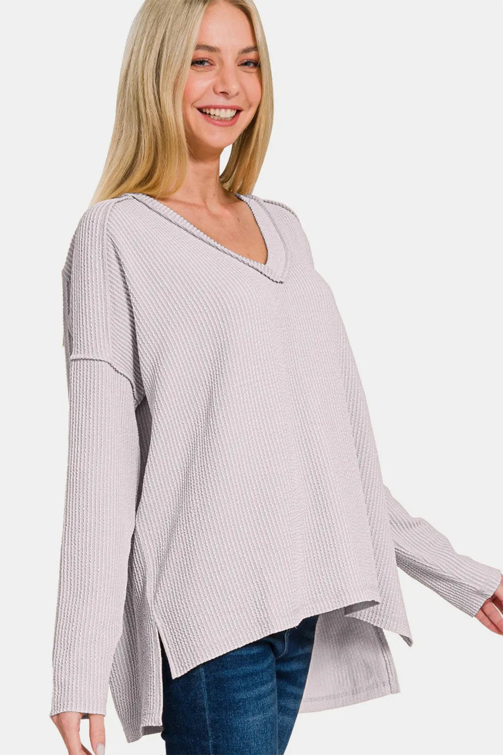 Image of Zenana Texture Exposed Seam V-Neck Long Sleeve T-Shirt | Queeble.shop