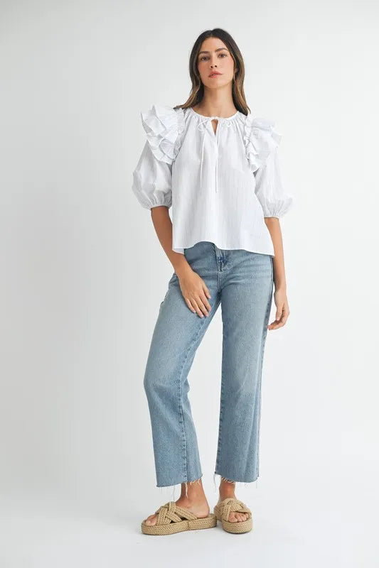 Image of MABLE Stripe Ruffle Shoulder Puff Sleeve Blouse | Queeble.shop