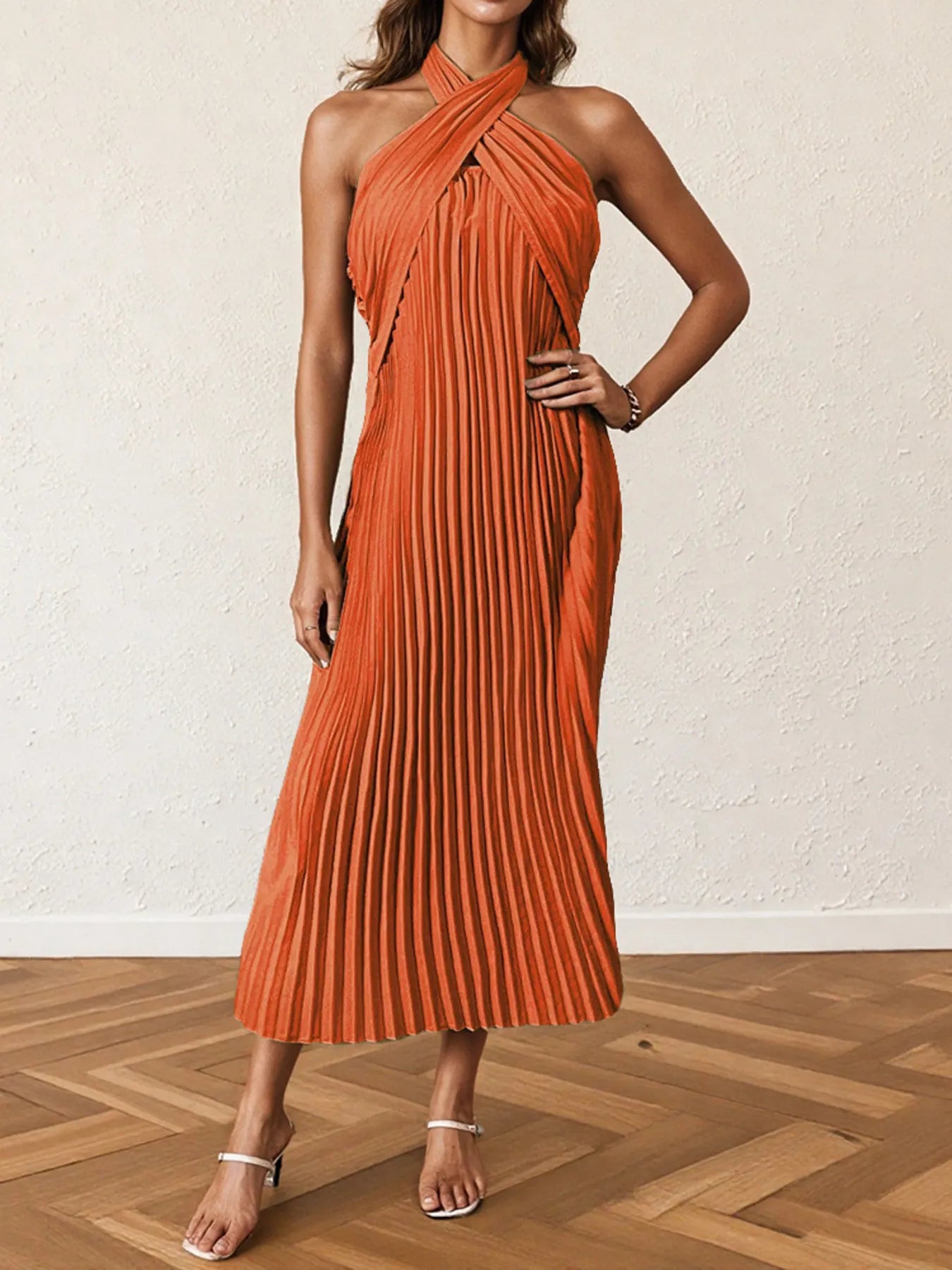Image of Pleated Halter Neck Midi Dress | Queeble.shop