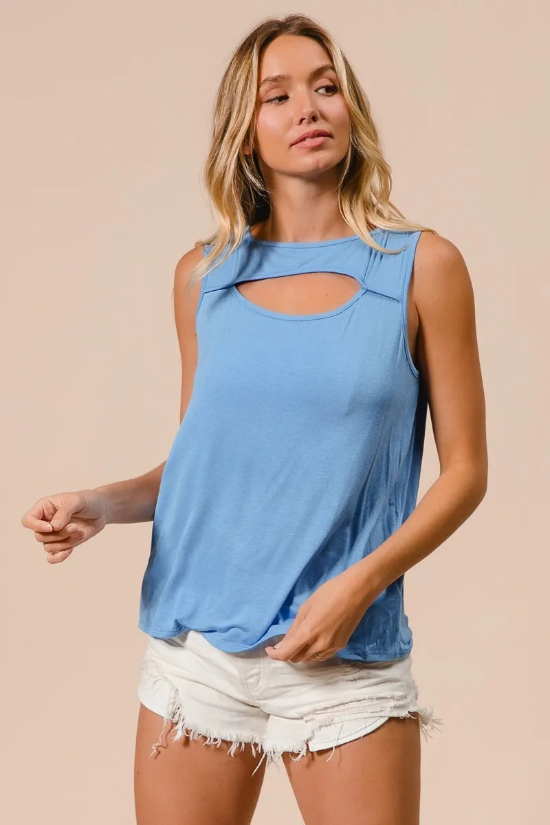 Image of BiBi Rayon Span Knit With Cut Out Front Sleeveless Top | Queeble.shop