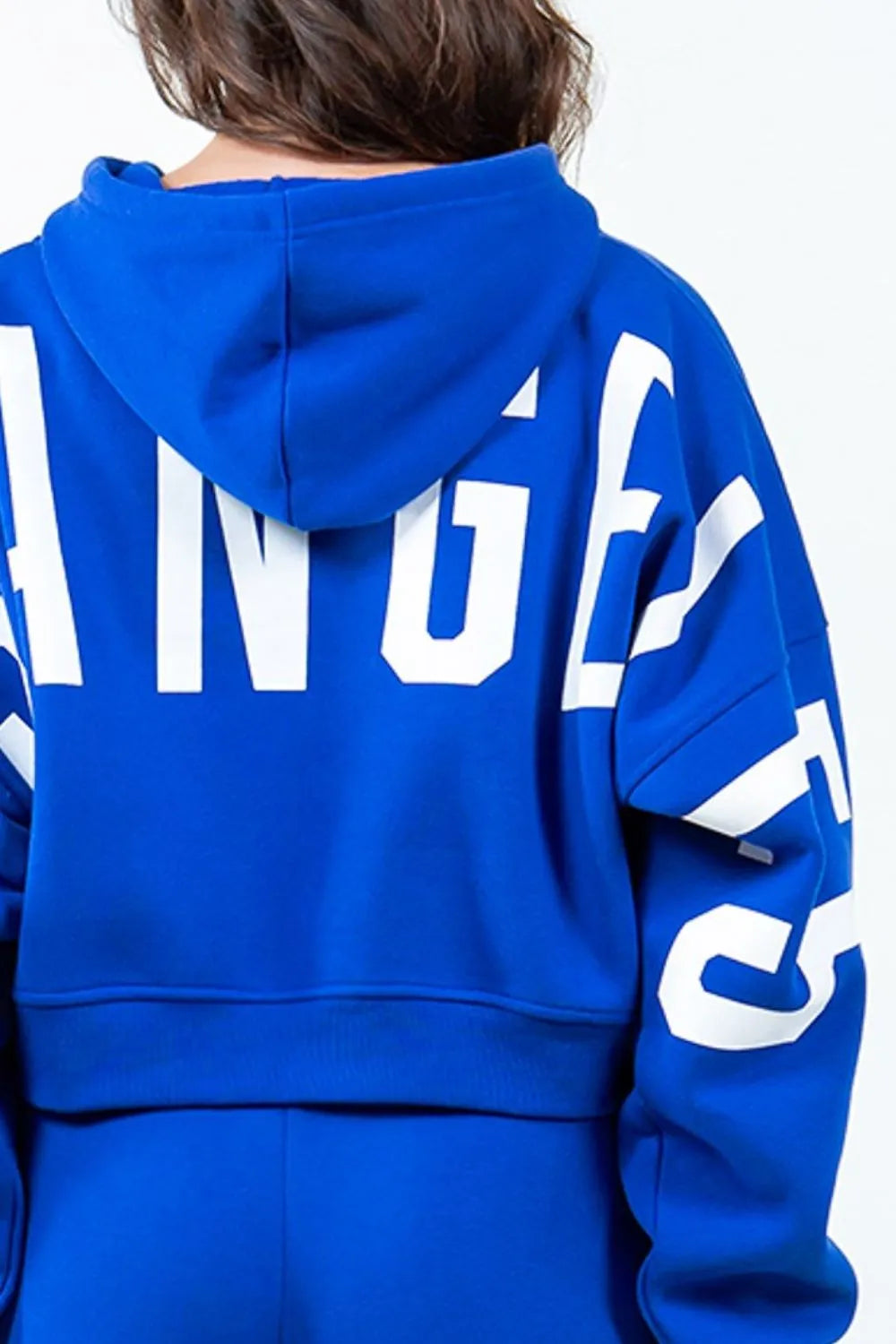 Image of American Bazi Letter Graphic Long Sleeve Drawstring Cropped Hoodie | Queeble.shop